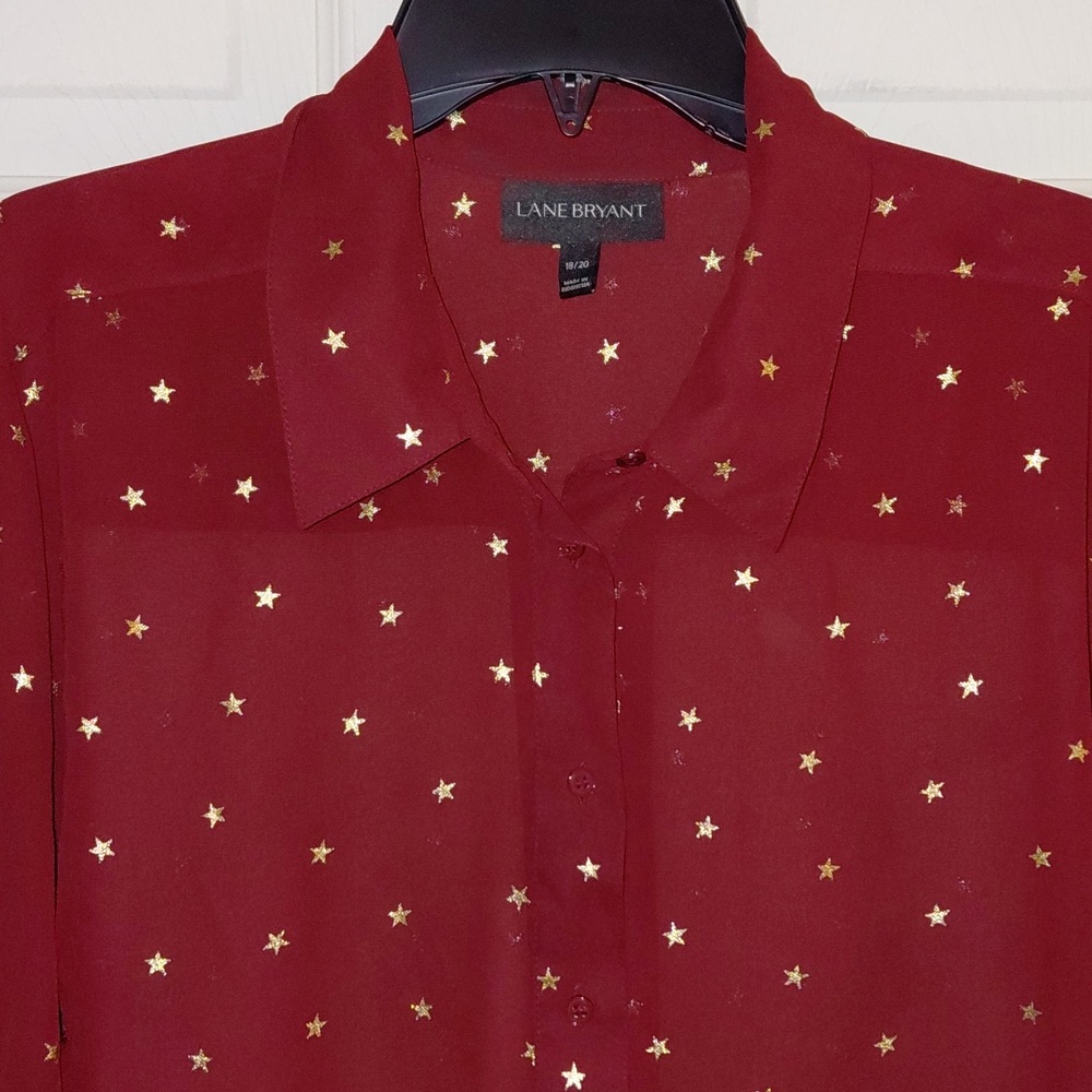 EUC Lane Bryant 18/20 Sheer Blouse Maroon Gold Stars Long Sleeves Button Front